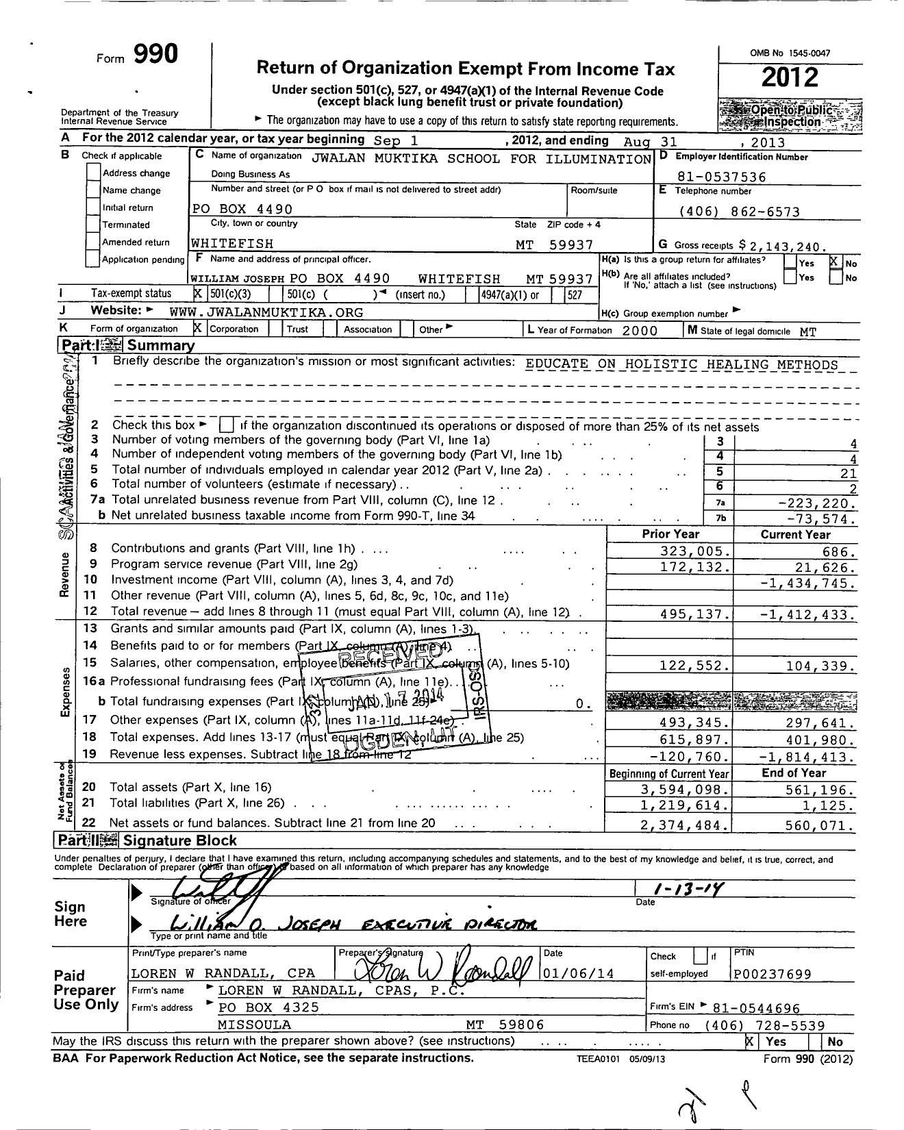 Image of first page of 2012 Form 990 for Jwalan Muktika School for Illumination