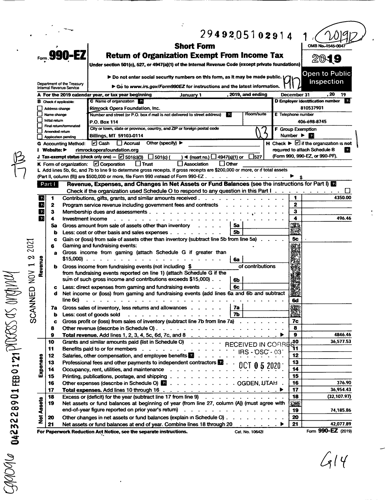 Image of first page of 2019 Form 990EZ for Rimrock Opera Foundation