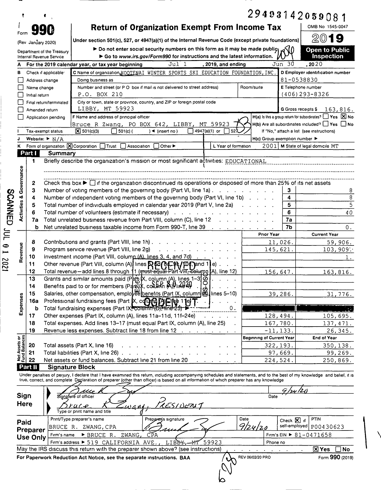 Image of first page of 2019 Form 990 for Kootenai Winter Sports Ski Education Foundation