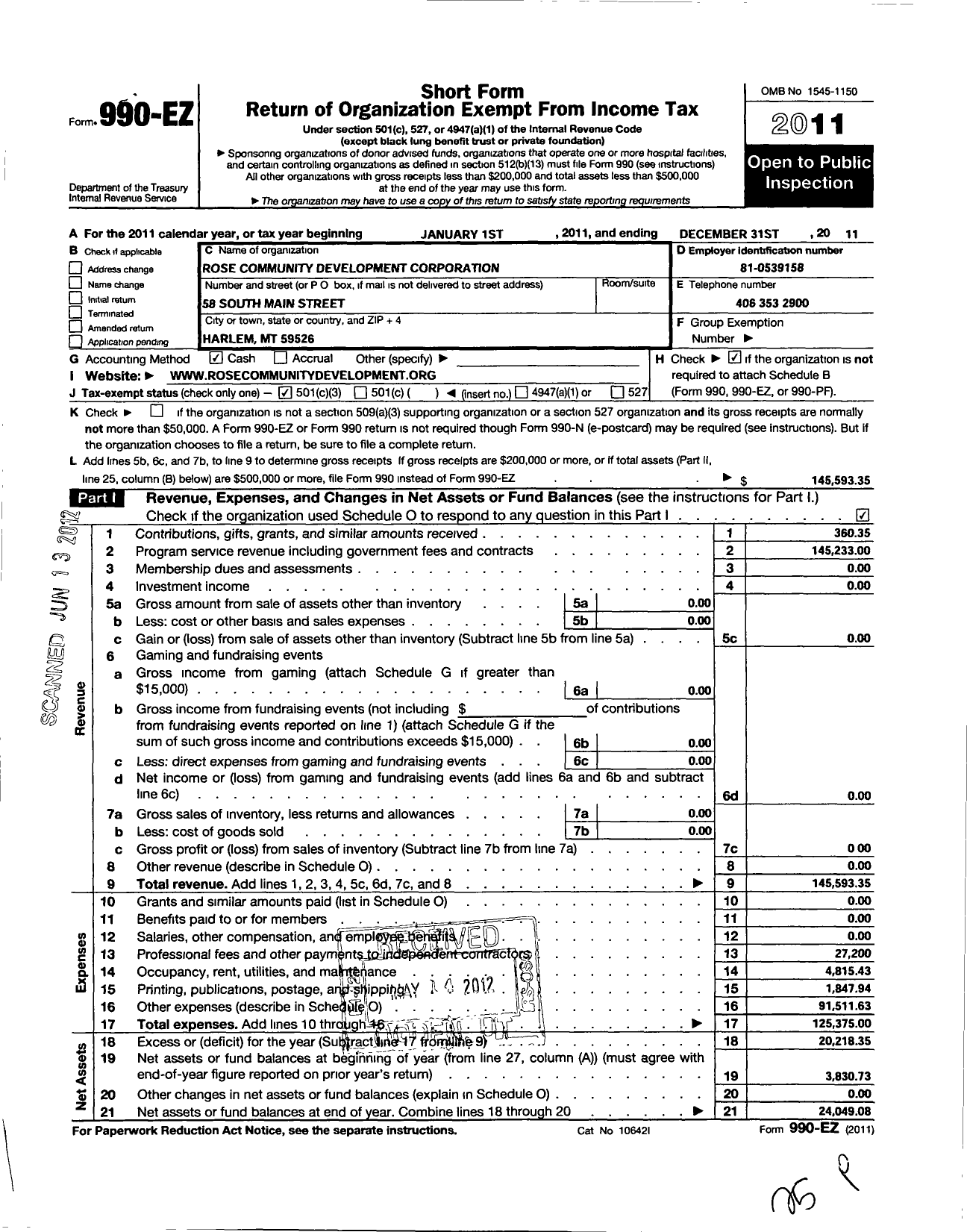 Image of first page of 2011 Form 990EZ for Rose Community Development Corporation