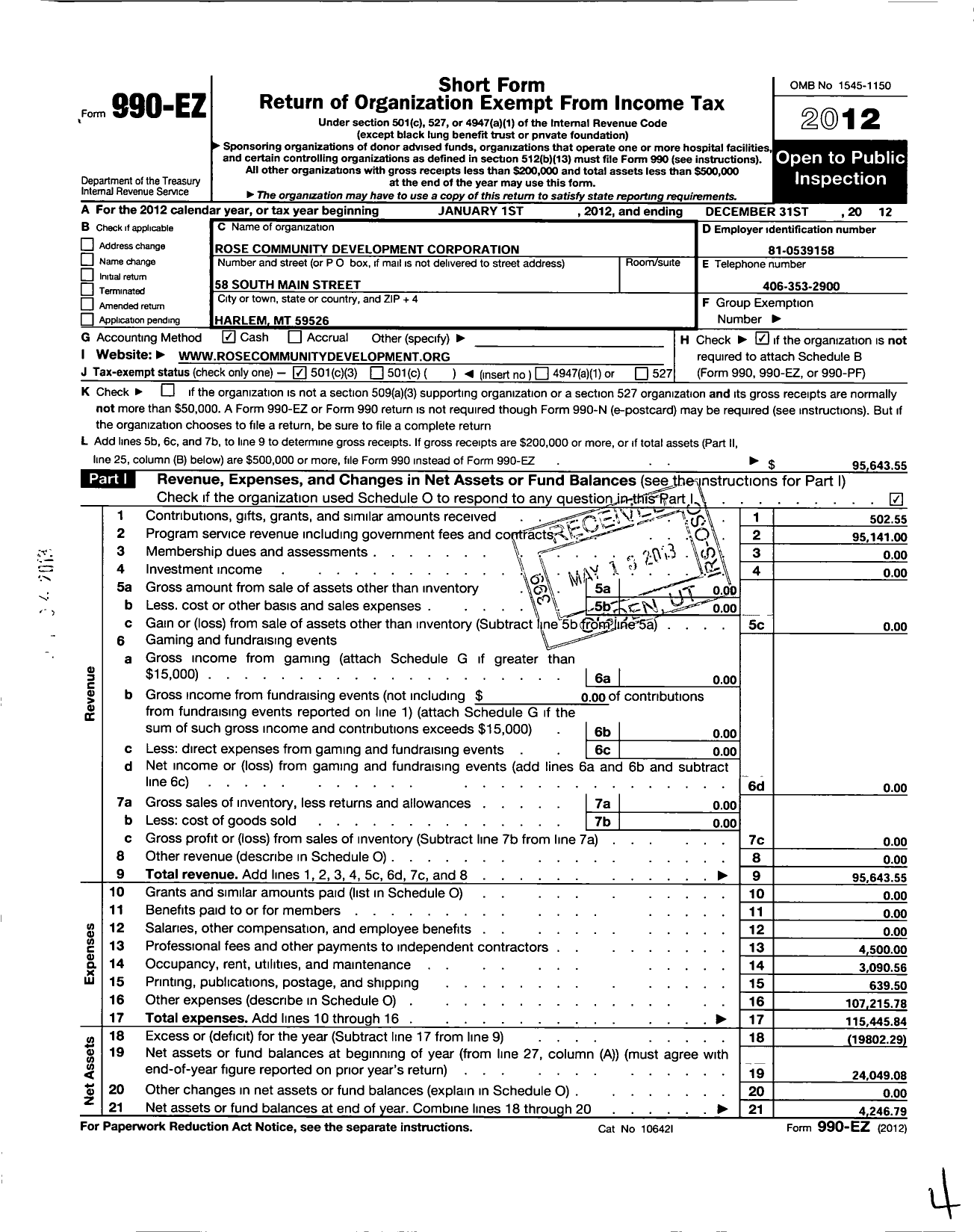 Image of first page of 2012 Form 990EZ for Rose Community Development Corporation