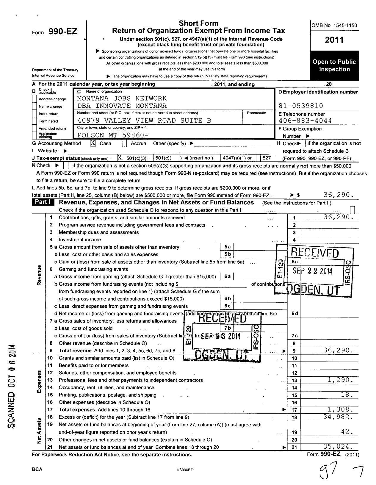 Image of first page of 2011 Form 990EZ for Montana Jobs Network