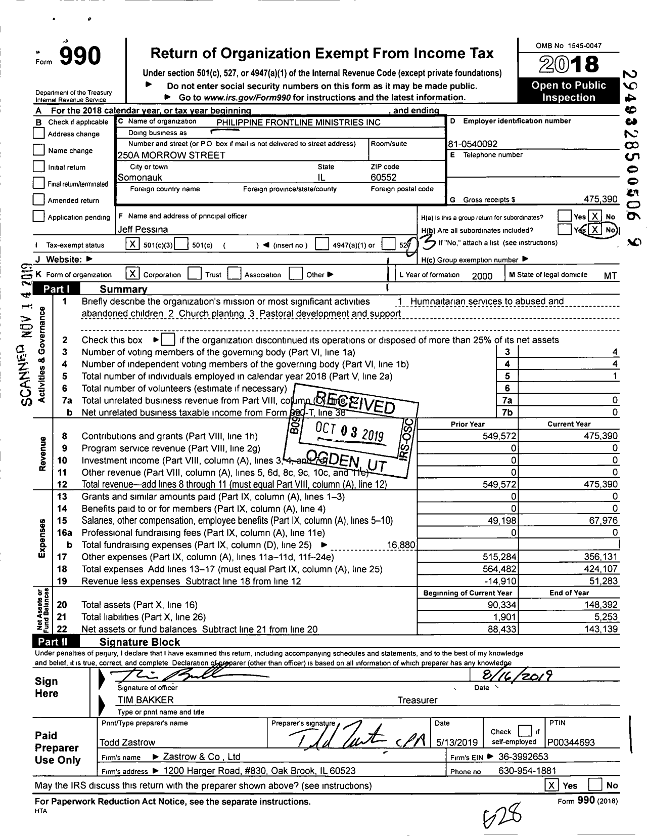 Image of first page of 2018 Form 990 for Philippine Frontline Ministries