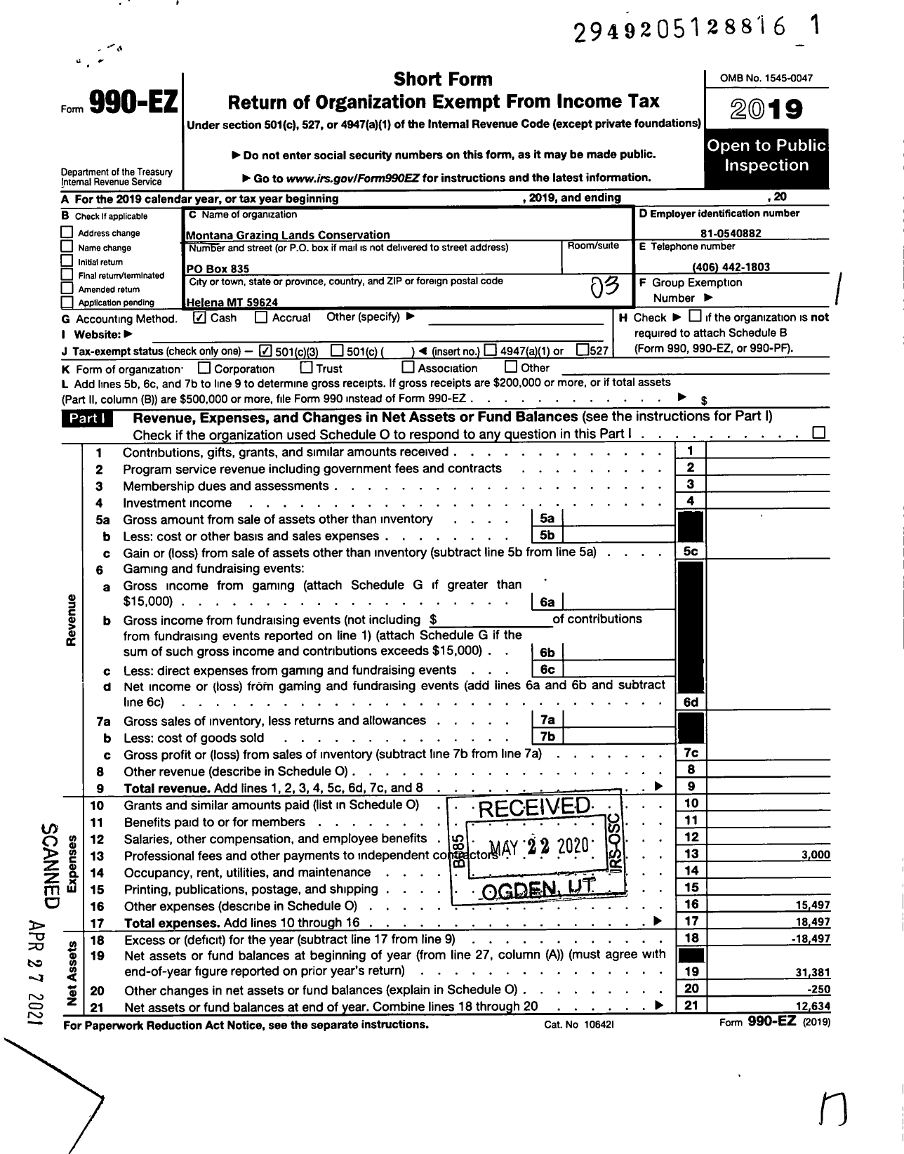 Image of first page of 2019 Form 990EZ for Montana Grazing Lands Conservation Initiative Coalition