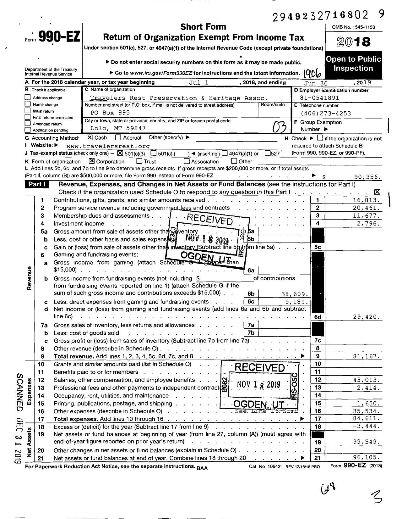 Image of first page of 2018 Form 990EZ for Travelers Rest Preservation & Heritage Association