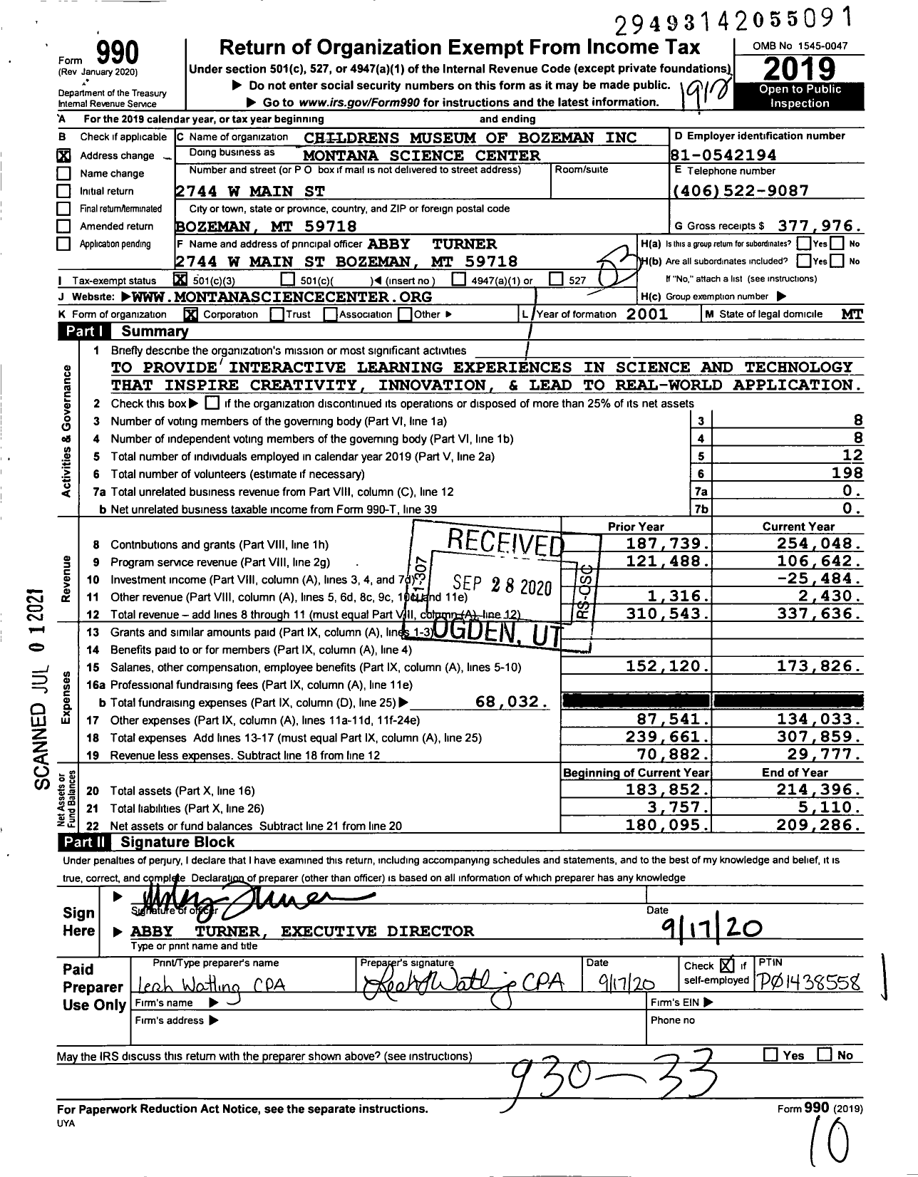 Image of first page of 2019 Form 990 for Montana Science Center