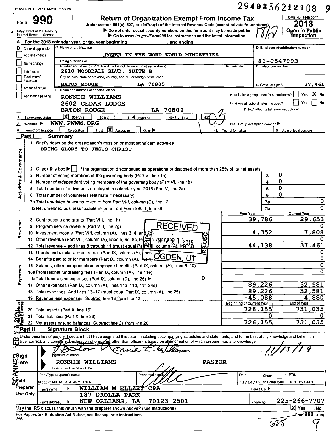 Image of first page of 2018 Form 990 for Power in the Word World Ministries