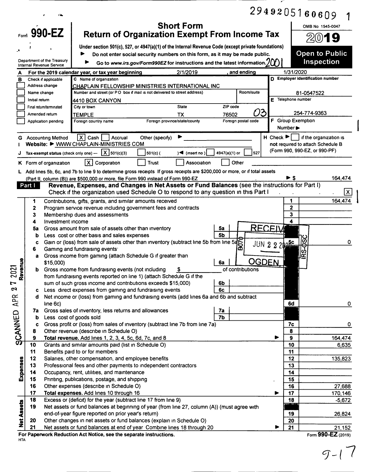 Image of first page of 2019 Form 990EZ for Chaplain Fellowship Ministries International