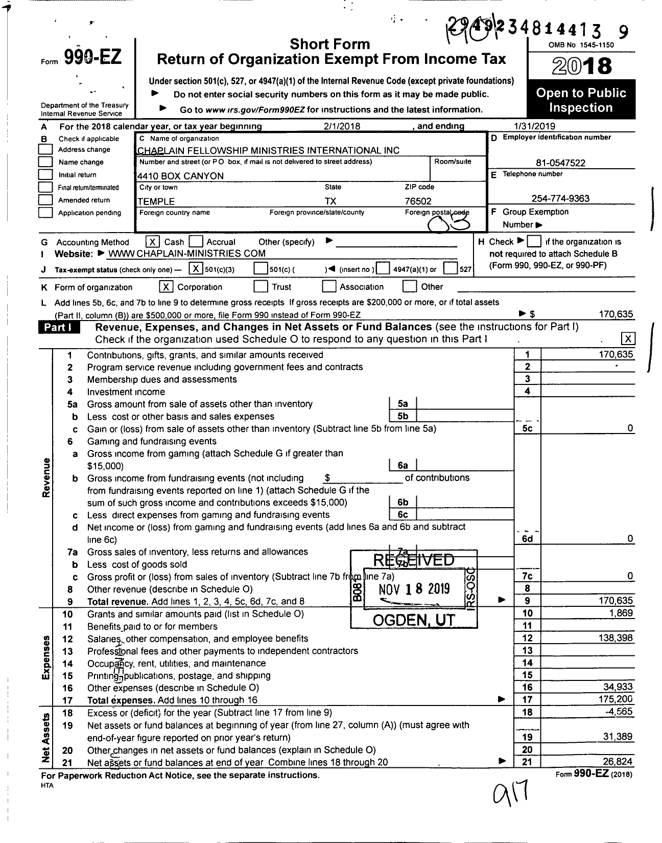 Image of first page of 2018 Form 990EZ for Chaplain Fellowship Ministries International