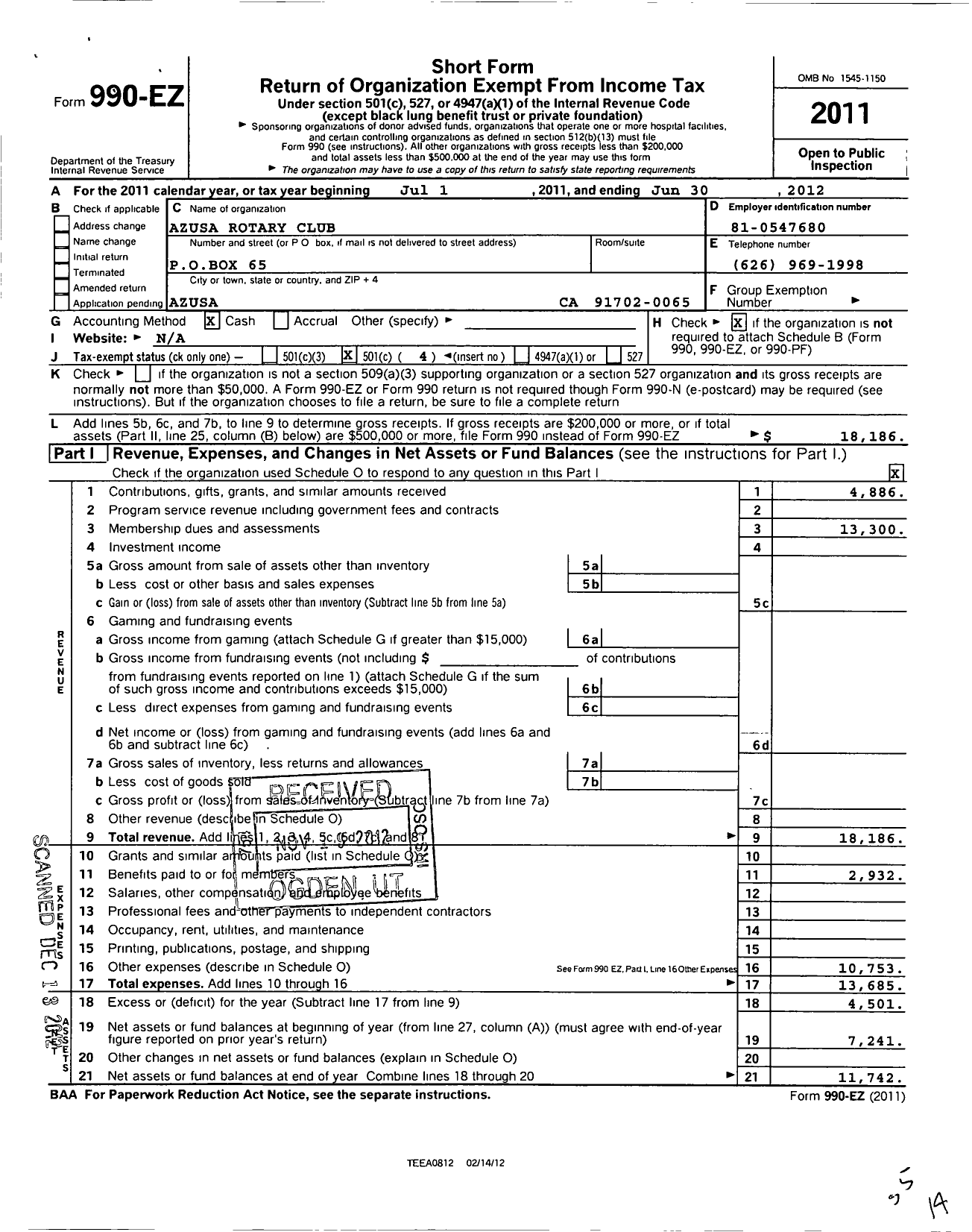 Image of first page of 2011 Form 990EO for Rotary International - Azusa Club