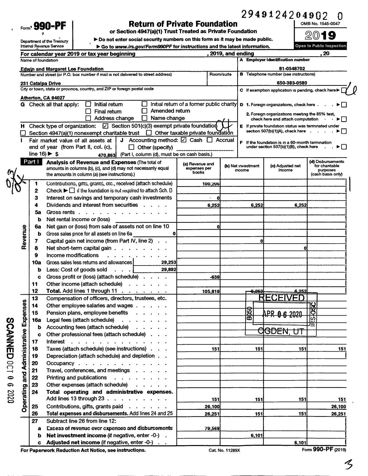 Image of first page of 2019 Form 990PR for Edwin and Margaret Lee Foundation Z75738425