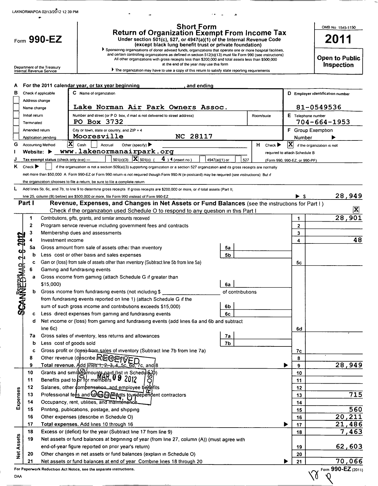 Image of first page of 2011 Form 990O for Lake Norman Airpark Owners Association