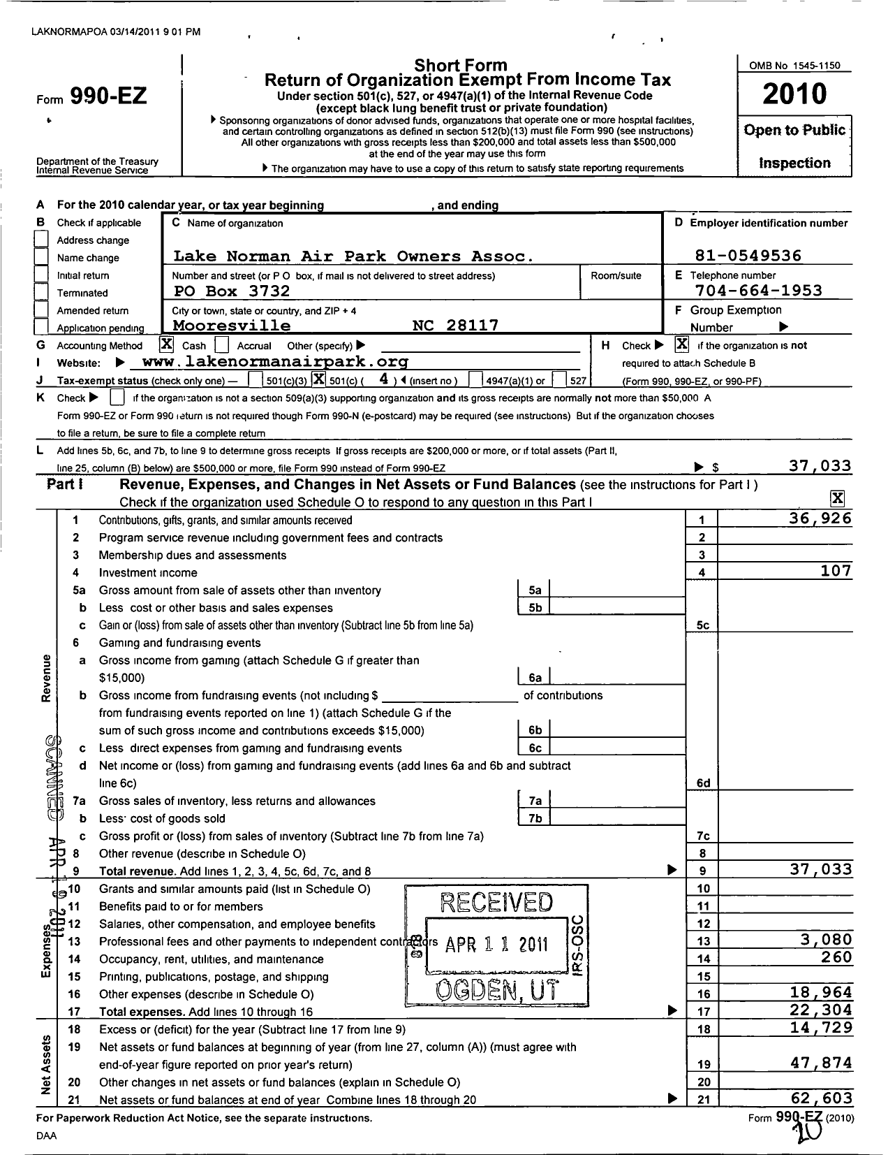 Image of first page of 2010 Form 990EO for Lake Norman Airpark Owners Association