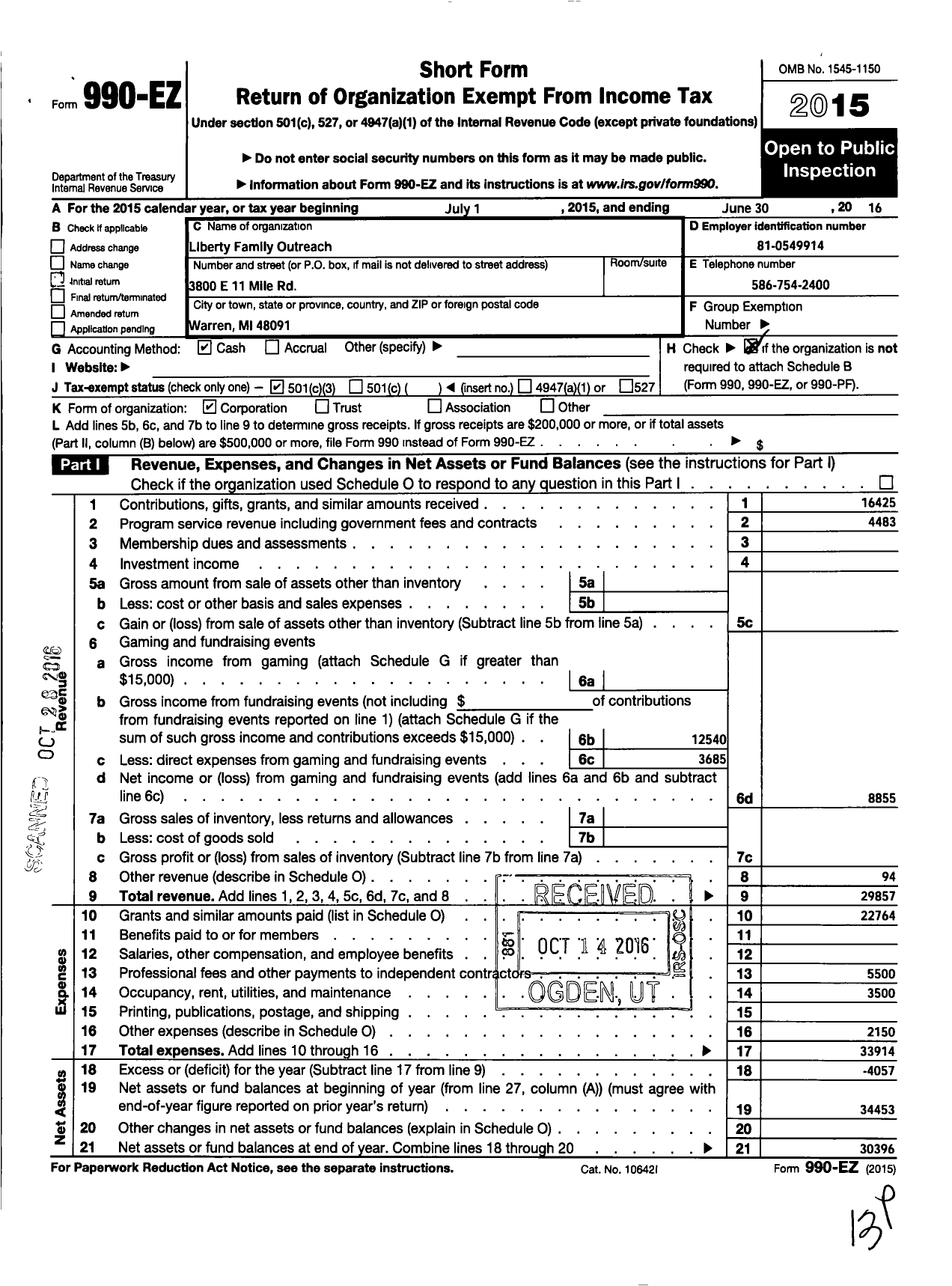 Image of first page of 2015 Form 990EZ for Liberty Family Outreach