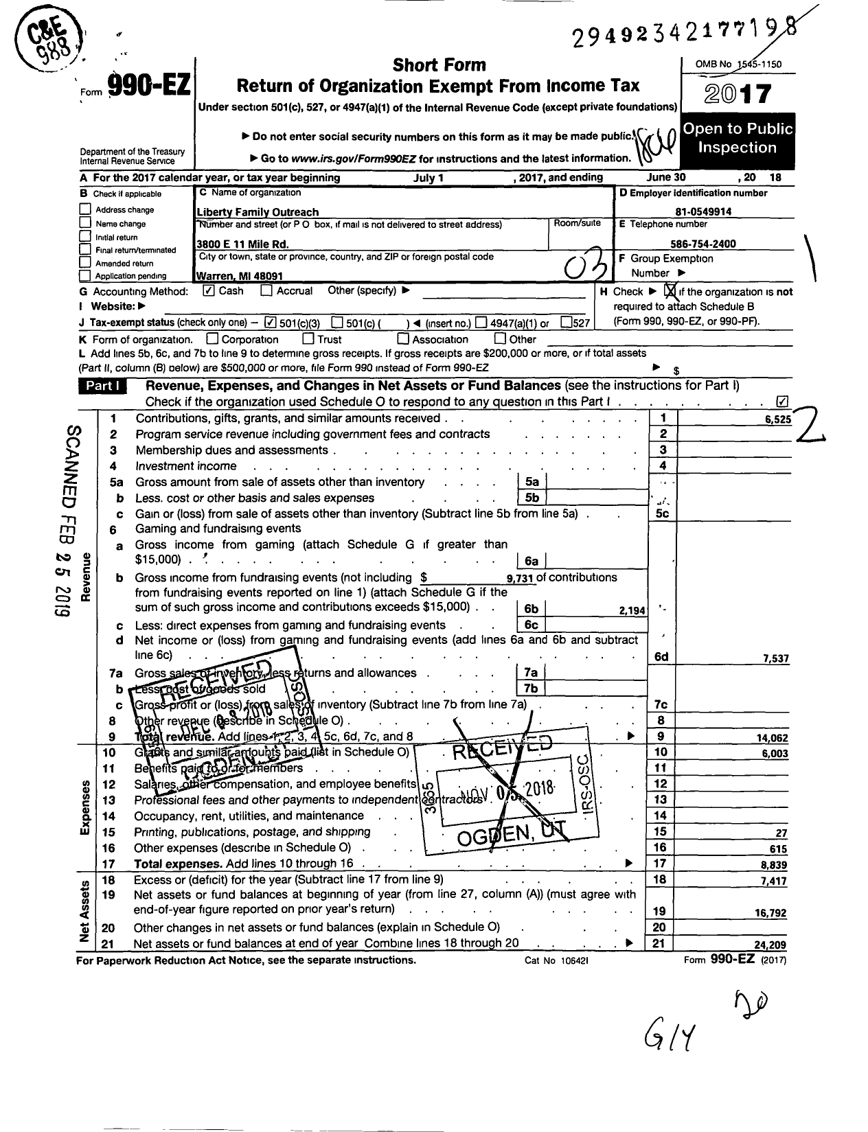 Image of first page of 2017 Form 990EZ for Liberty Family Outreach