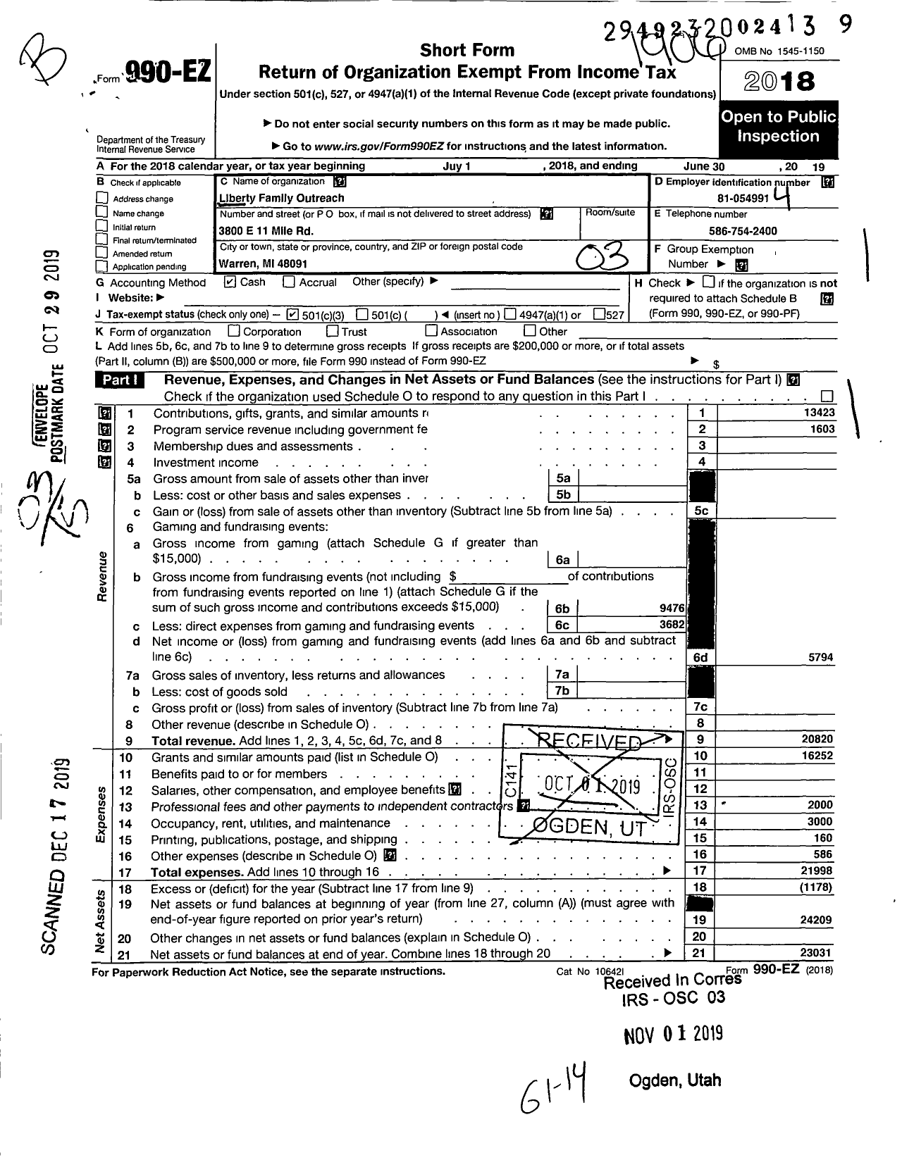 Image of first page of 2018 Form 990EZ for Liberty Family Outreach