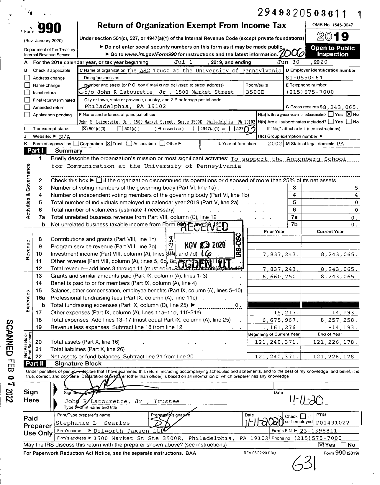 Image of first page of 2019 Form 990 for ASC Trust at the University of Pennsylvania