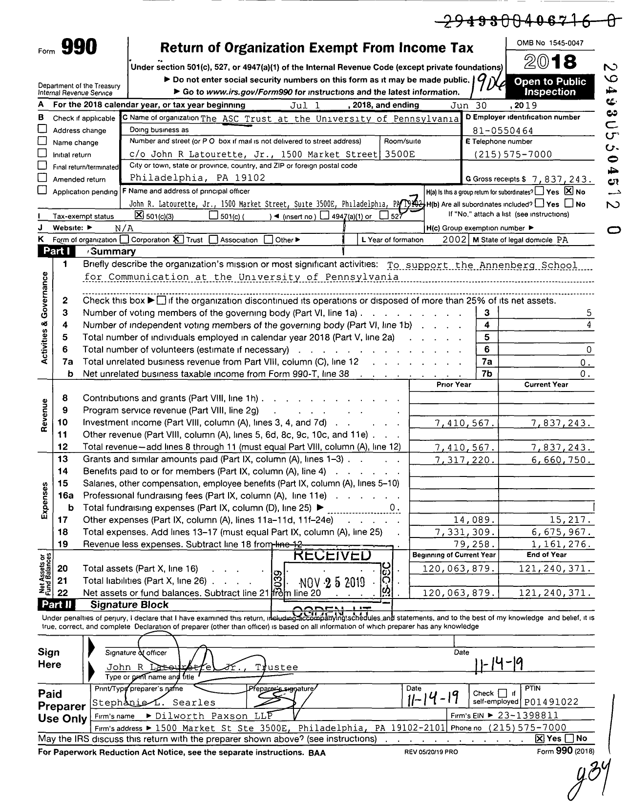 Image of first page of 2018 Form 990 for ASC Trust at the University of Pennsylvania