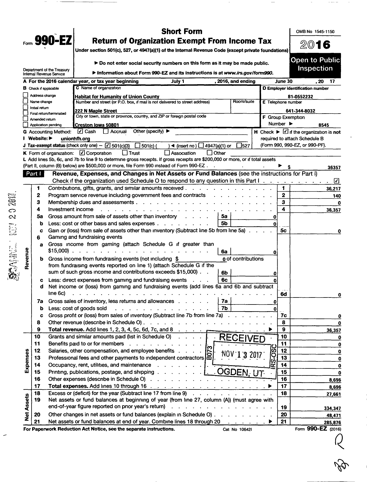 Image of first page of 2016 Form 990EZ for Habitat for Humanity International