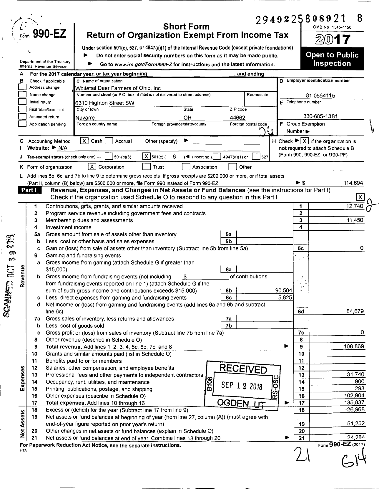 Image of first page of 2017 Form 990EO for Whitetail Deer Farmers of Ohio