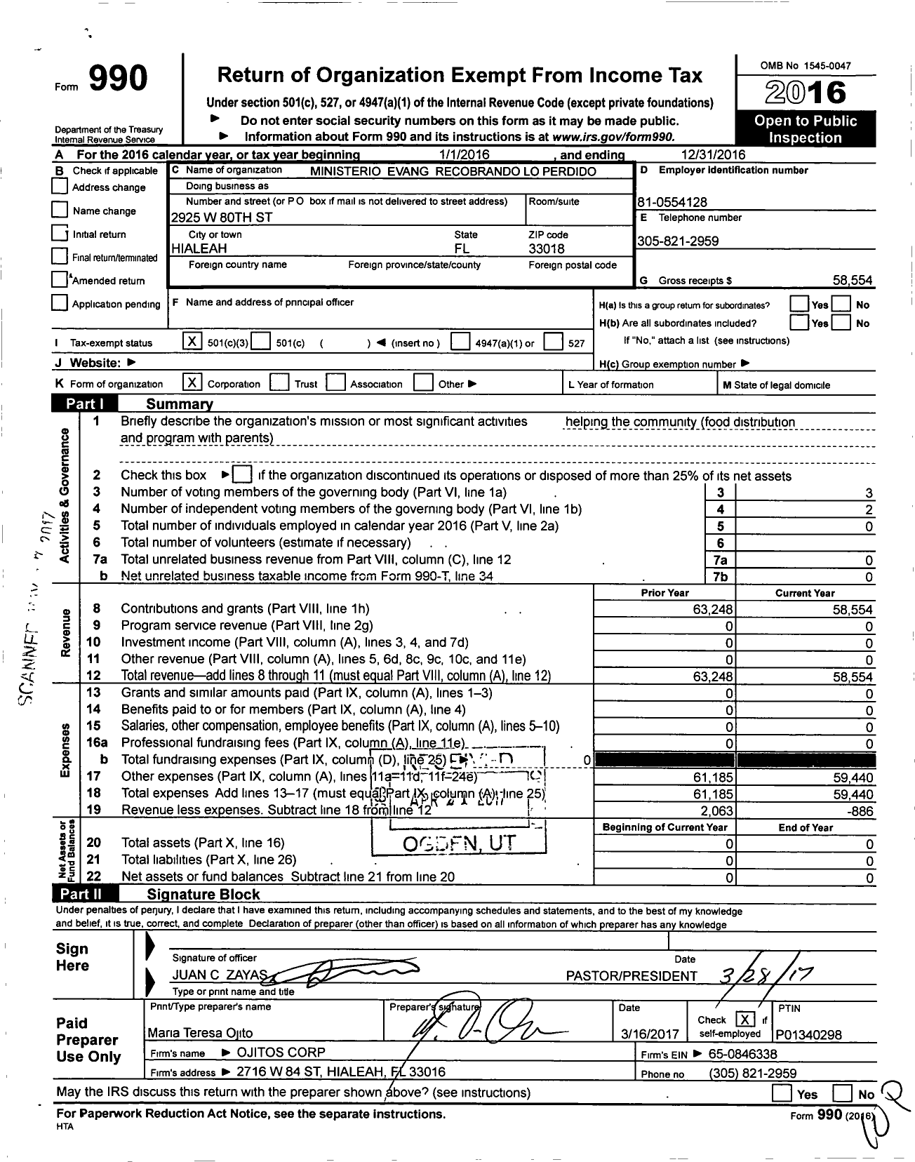 Image of first page of 2016 Form 990 for Ministerio Evangelico Recobrando Lo Perdido