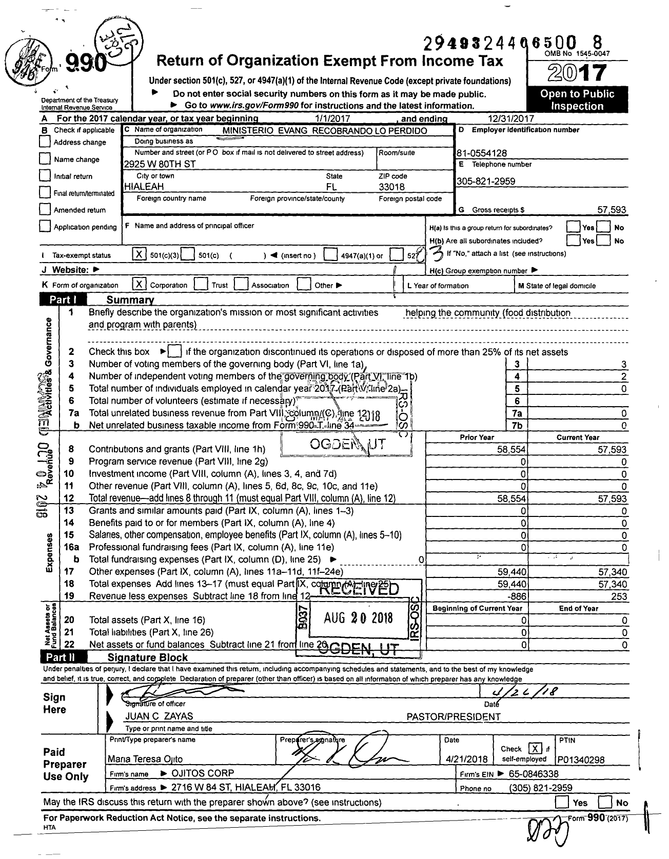 Image of first page of 2017 Form 990 for Ministerio Evangelico Recobrando Lo Perdido