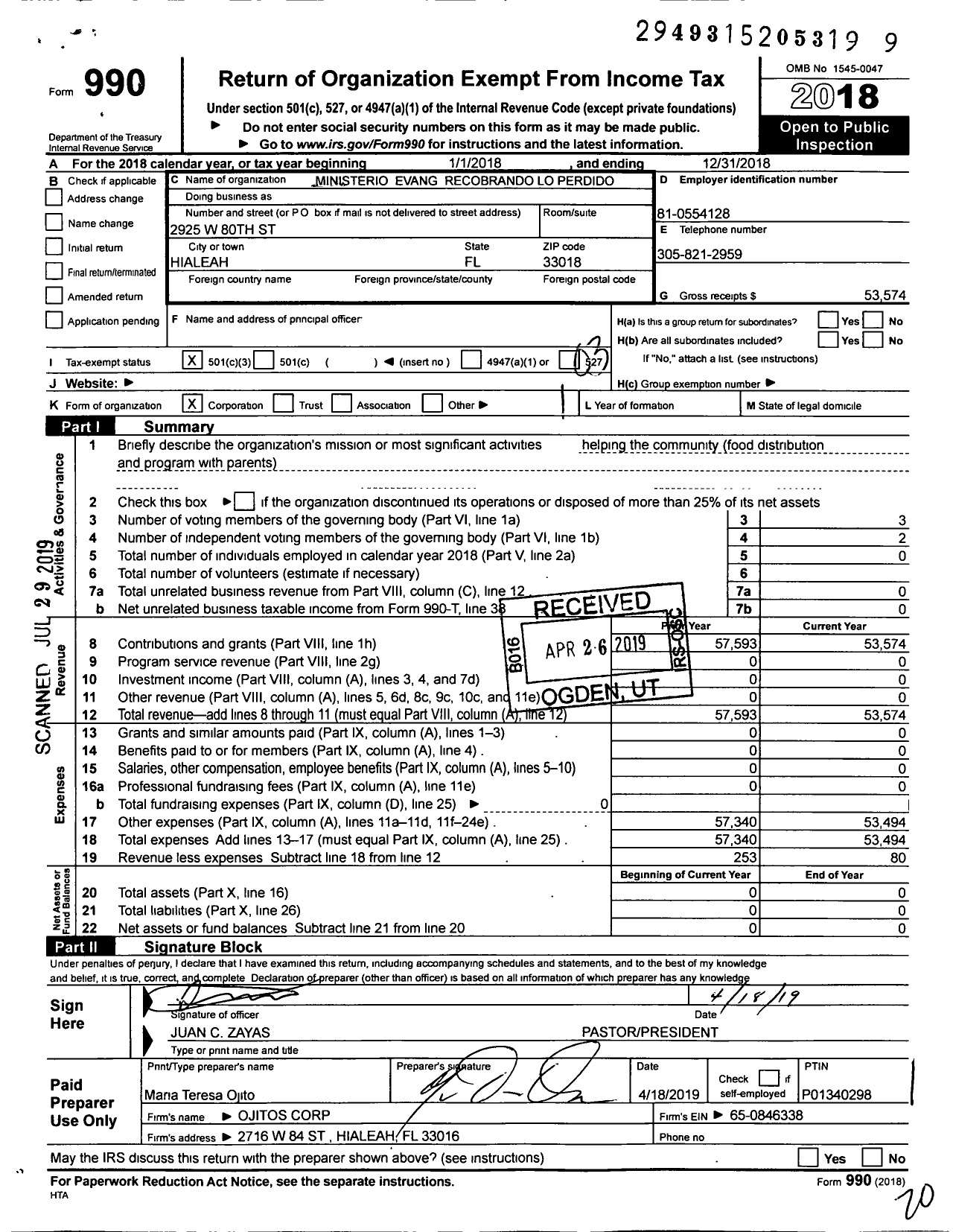 Image of first page of 2018 Form 990 for Ministerio Evangelico Recobrando Lo Perdido