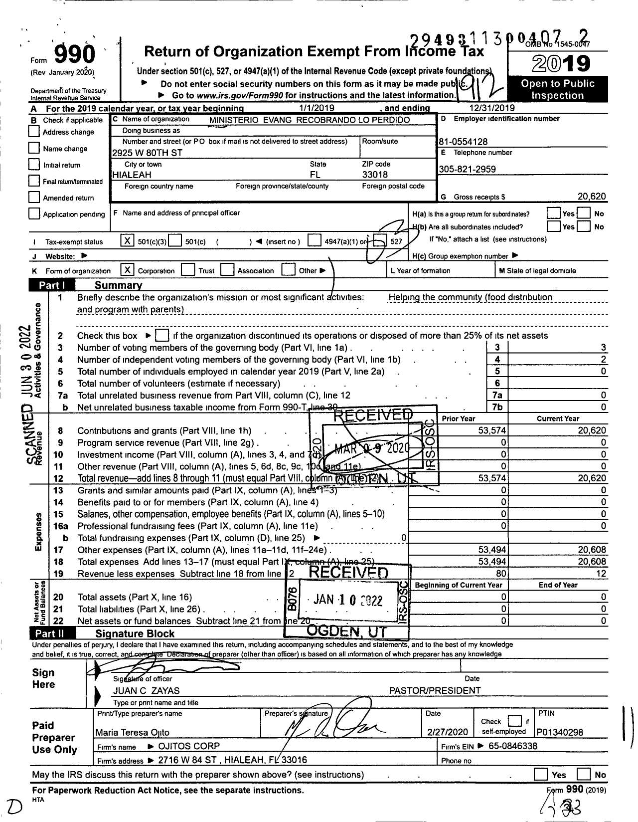 Image of first page of 2019 Form 990 for Ministerio Evangelico Recobrando Lo Perdido