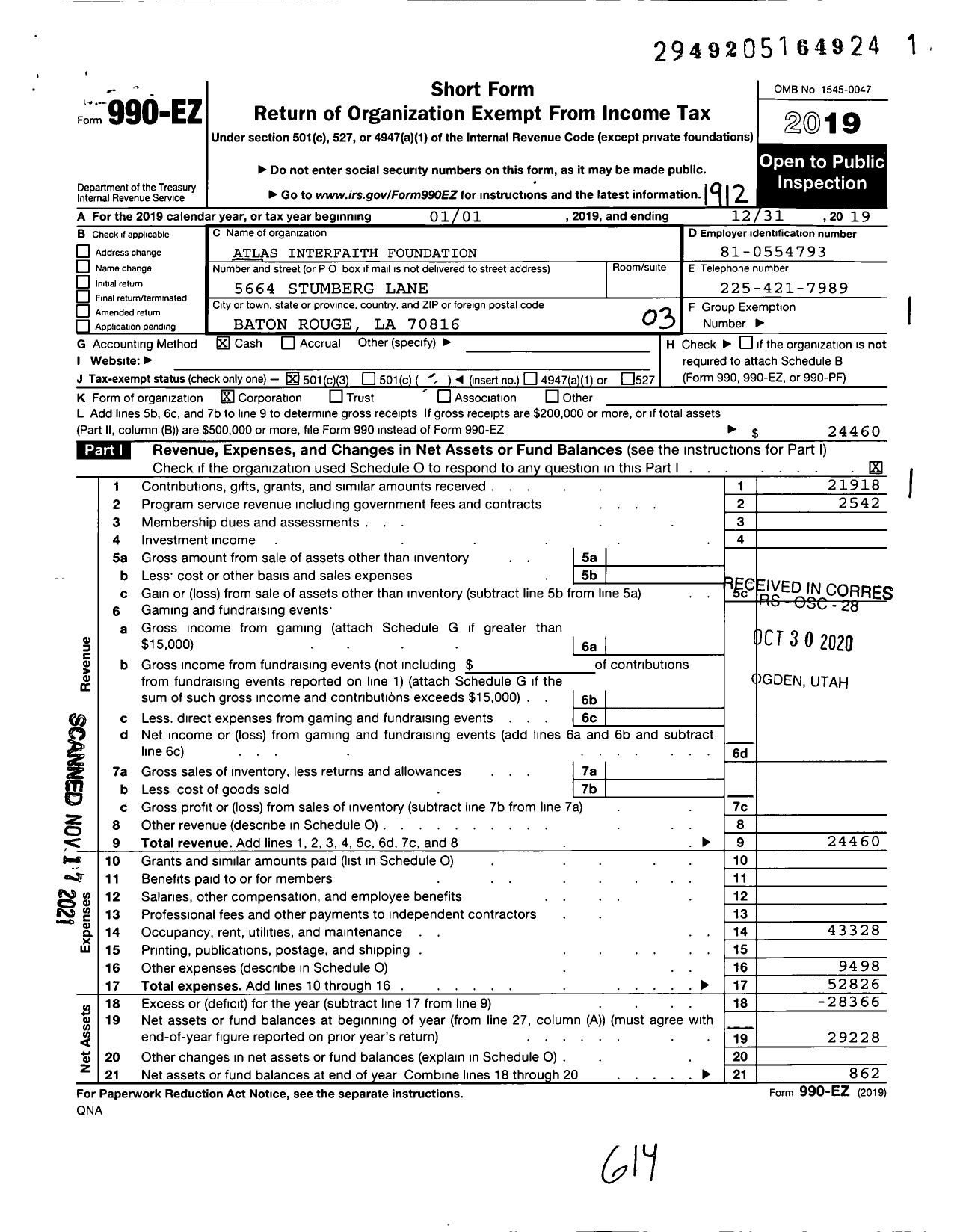 Image of first page of 2019 Form 990EZ for Atlas Interfaith Foundation