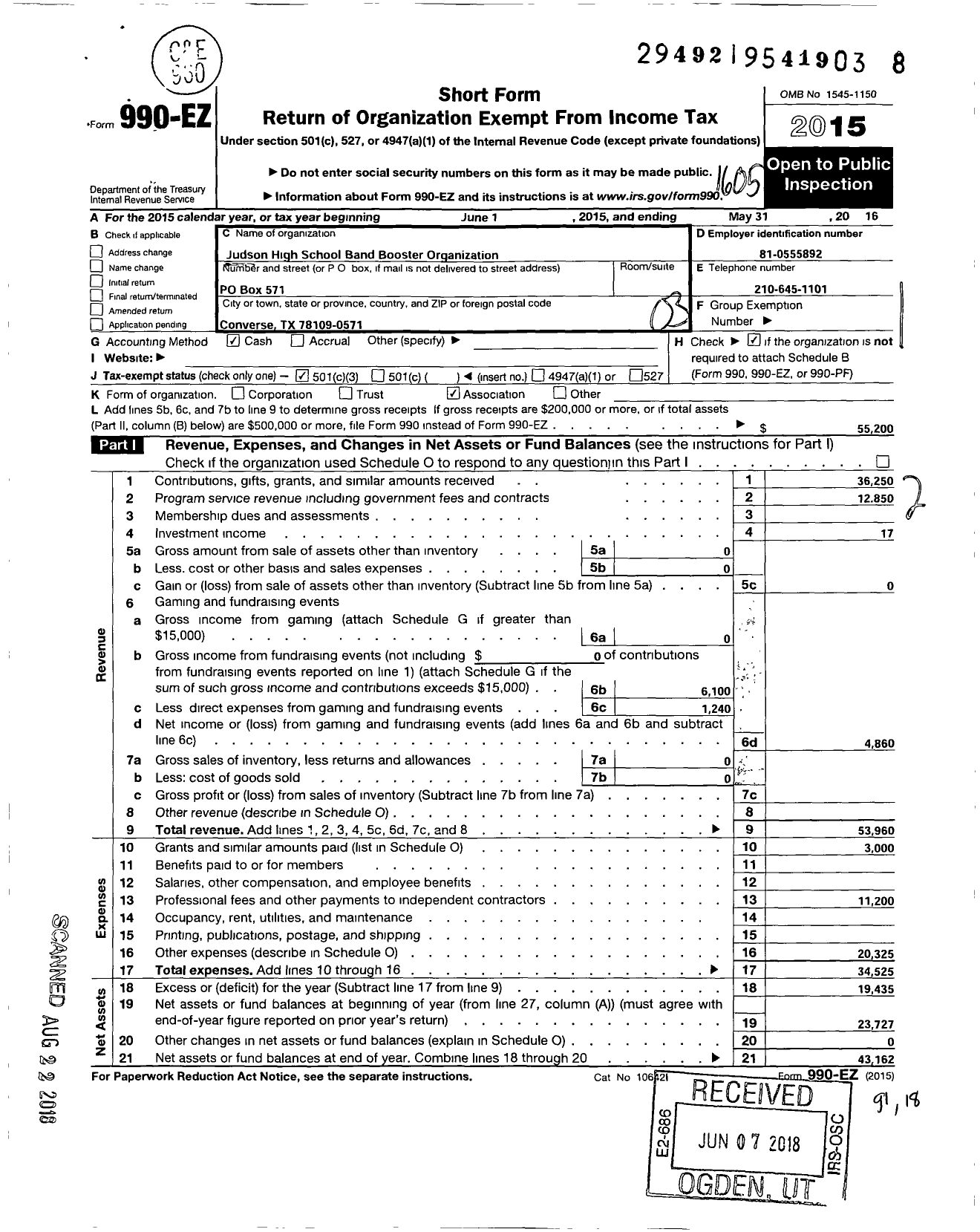 Image of first page of 2015 Form 990EZ for Judson High School Band Booster Organization