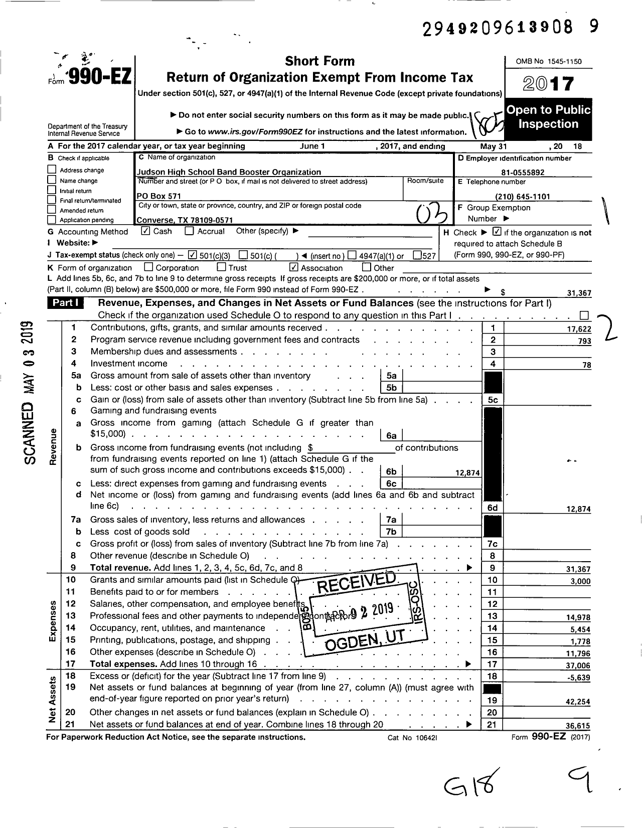 Image of first page of 2017 Form 990EZ for Judson High School Band Booster Organization