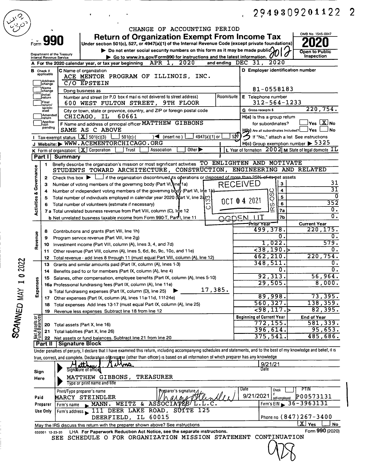 Image of first page of 2020 Form 990 for Ace Mentor Program of Illinois