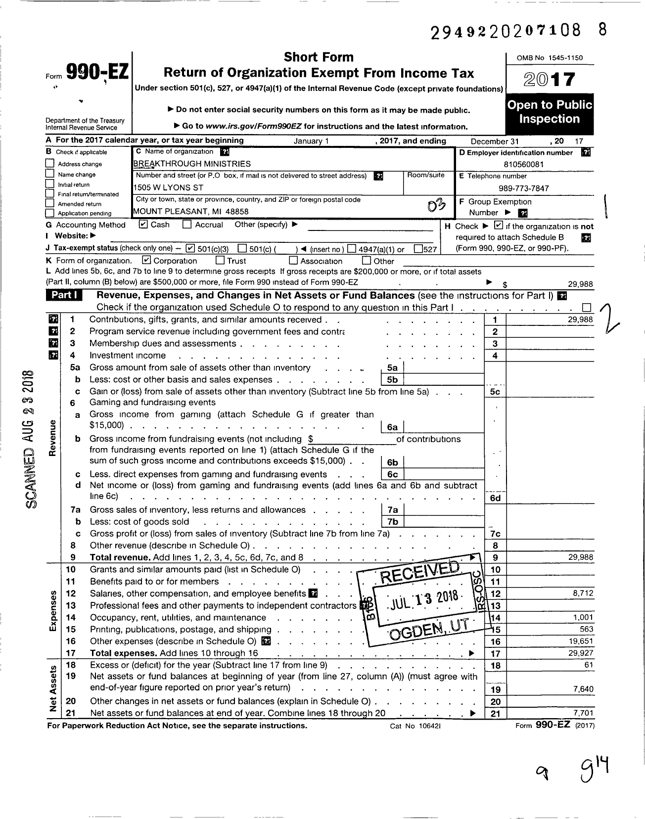 Image of first page of 2017 Form 990EZ for Breakthrough Ministries