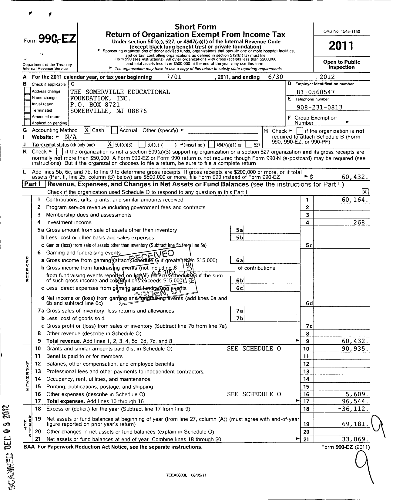 Image of first page of 2011 Form 990EZ for Somerville Educational Foundation
