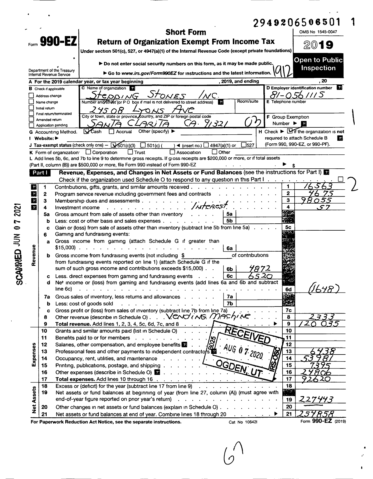 Image of first page of 2019 Form 990EZ for Stepping Stones Alano Club