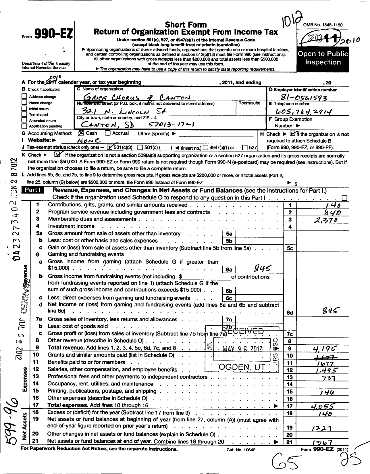 Image of first page of 2010 Form 990EZ for Grieg Chorus of Canton