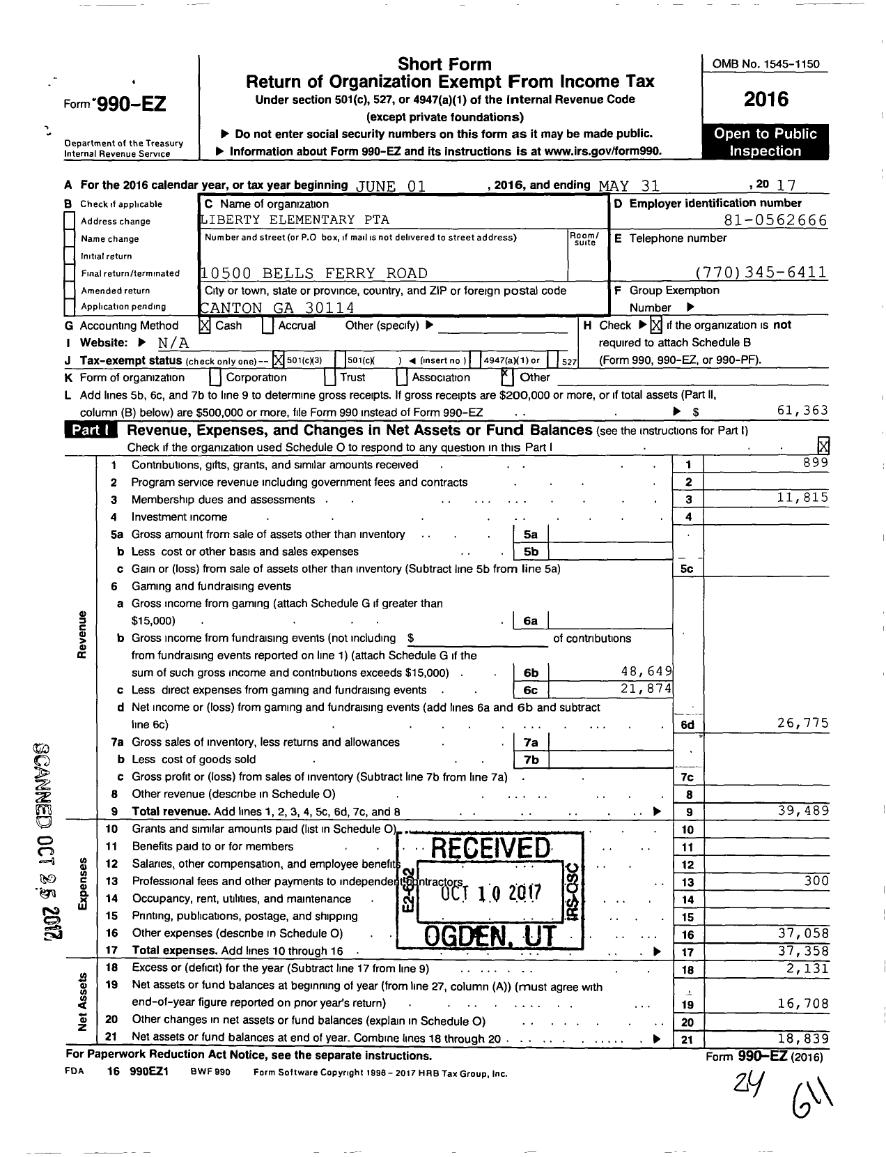 Image of first page of 2016 Form 990EZ for GEORGIA PTA - Liberty Elementary PTA