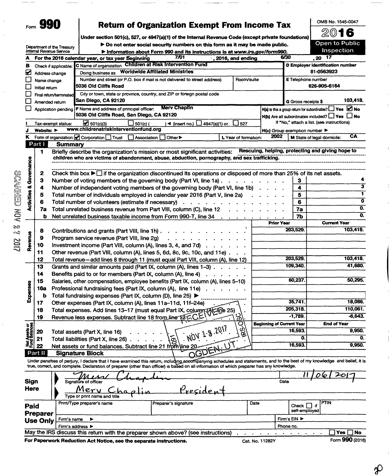 Image of first page of 2016 Form 990 for Children at Risk Intervention Fund