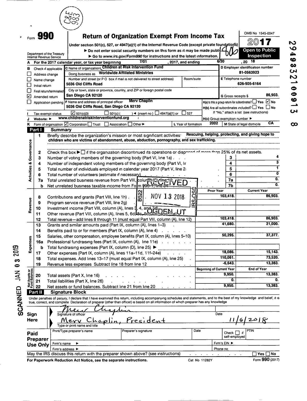 Image of first page of 2017 Form 990 for Children at Risk Intervention Fund