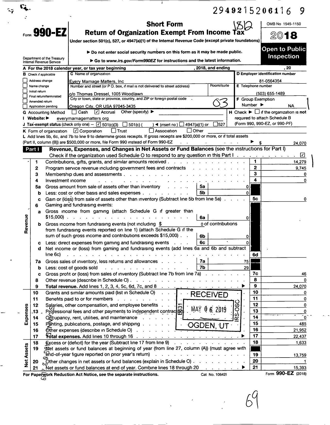 Image of first page of 2018 Form 990EZ for Every Marriage Matters