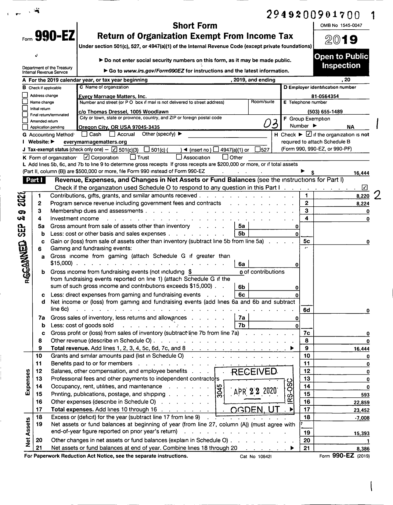 Image of first page of 2019 Form 990EZ for Every Marriage Matters