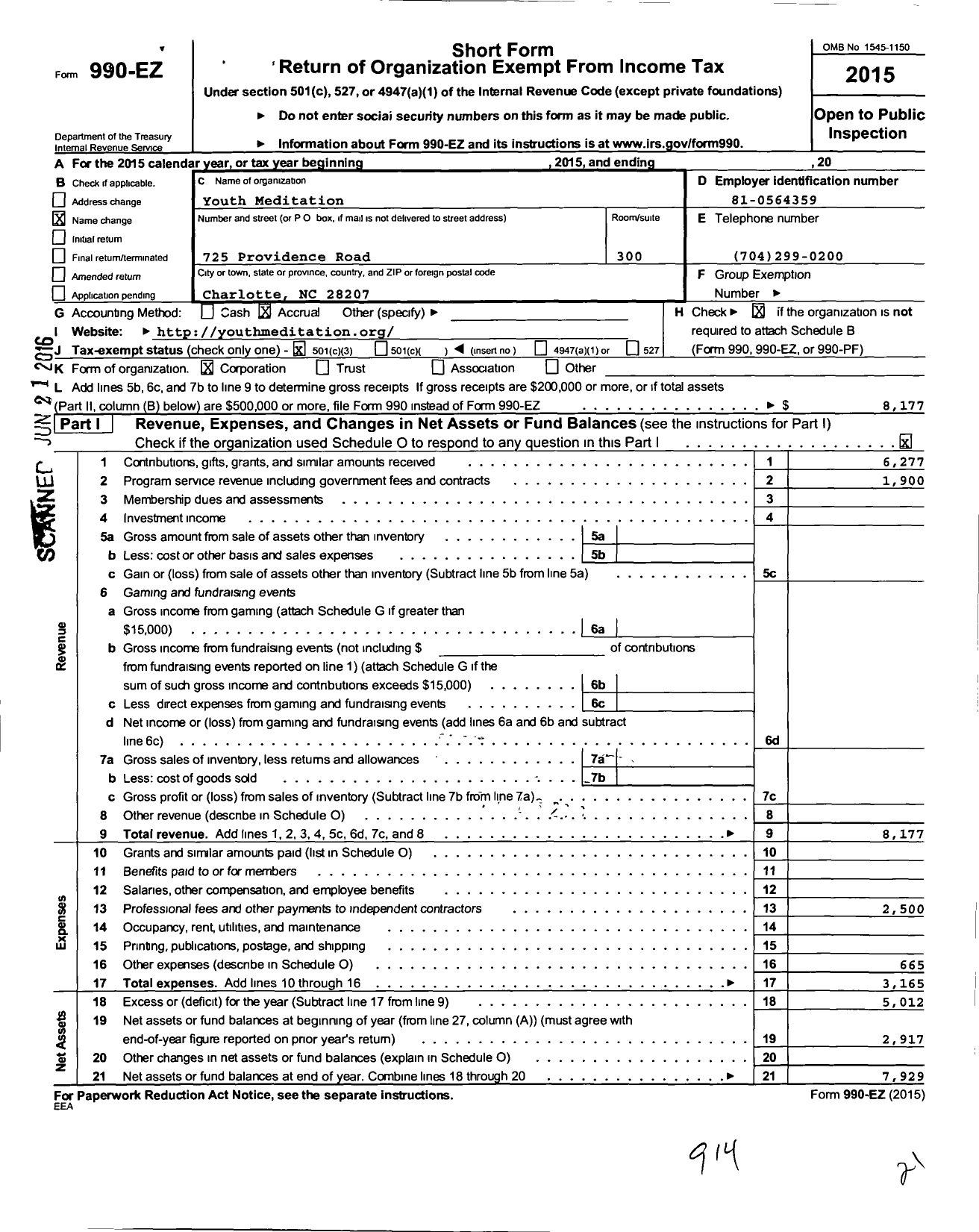 Image of first page of 2015 Form 990EZ for Youth Meditation