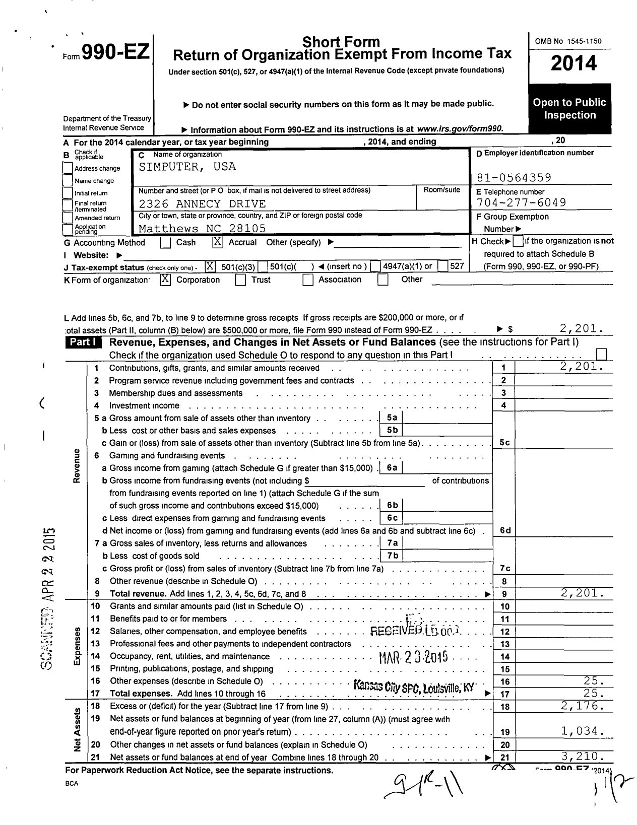 Image of first page of 2014 Form 990EZ for Youth Meditation