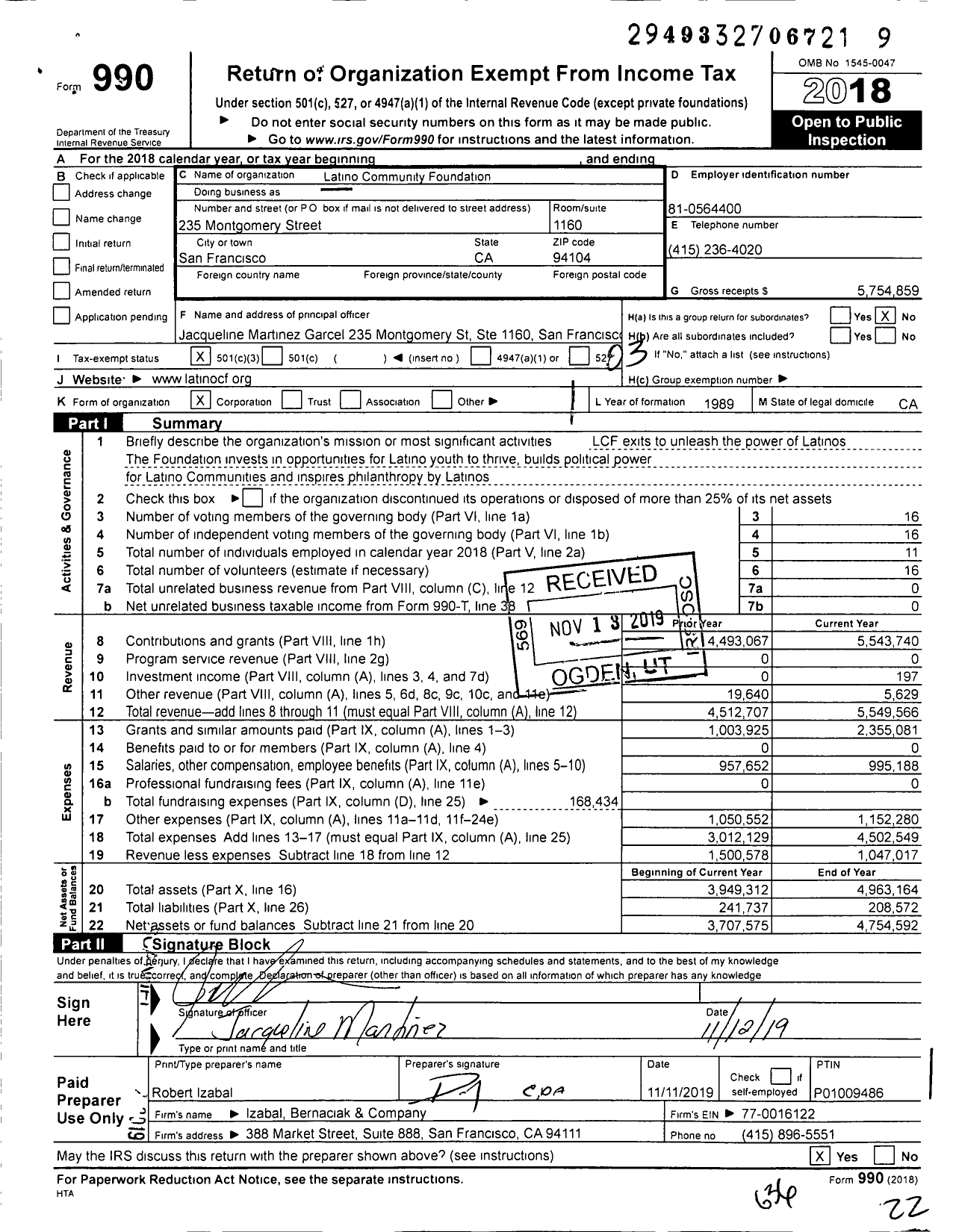 Image of first page of 2018 Form 990 for Latino Community Foundation