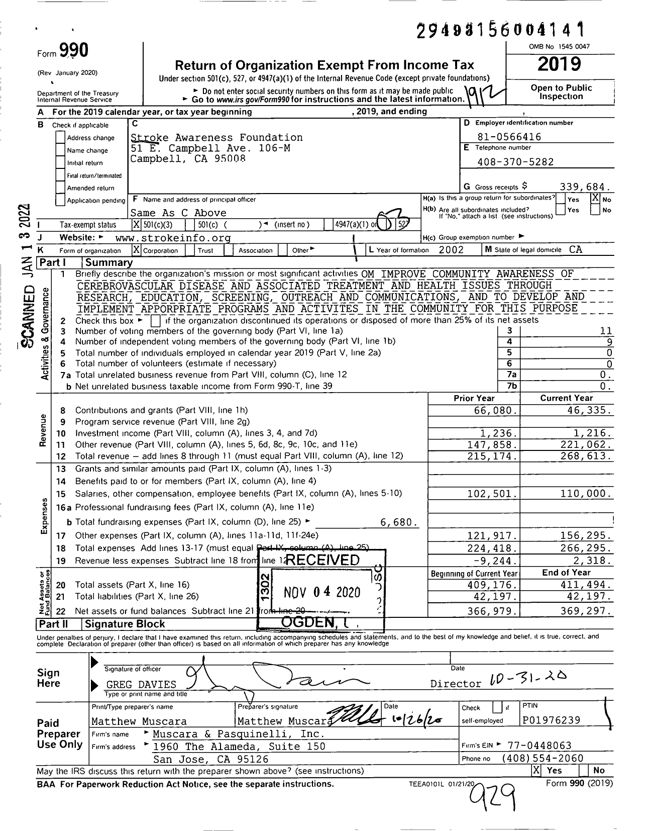 Image of first page of 2019 Form 990 for Stroke Awareness Foundation