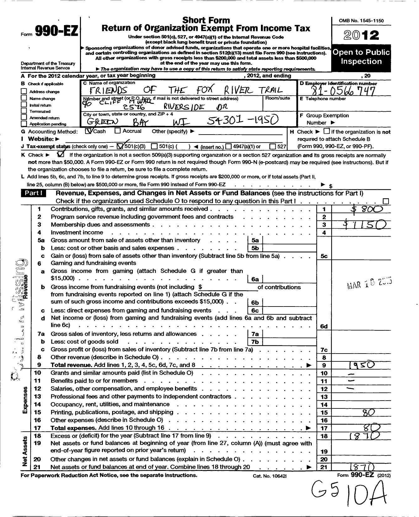 Image of first page of 2012 Form 990EZ for Friends of the Fox River Trail