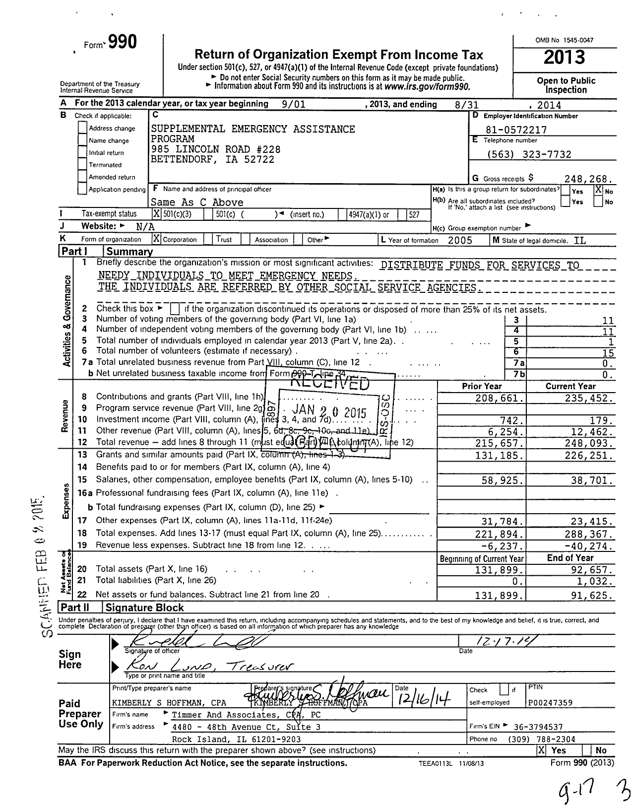 Image of first page of 2013 Form 990 for Supplemental Emergency Assistance Program (SEAP)