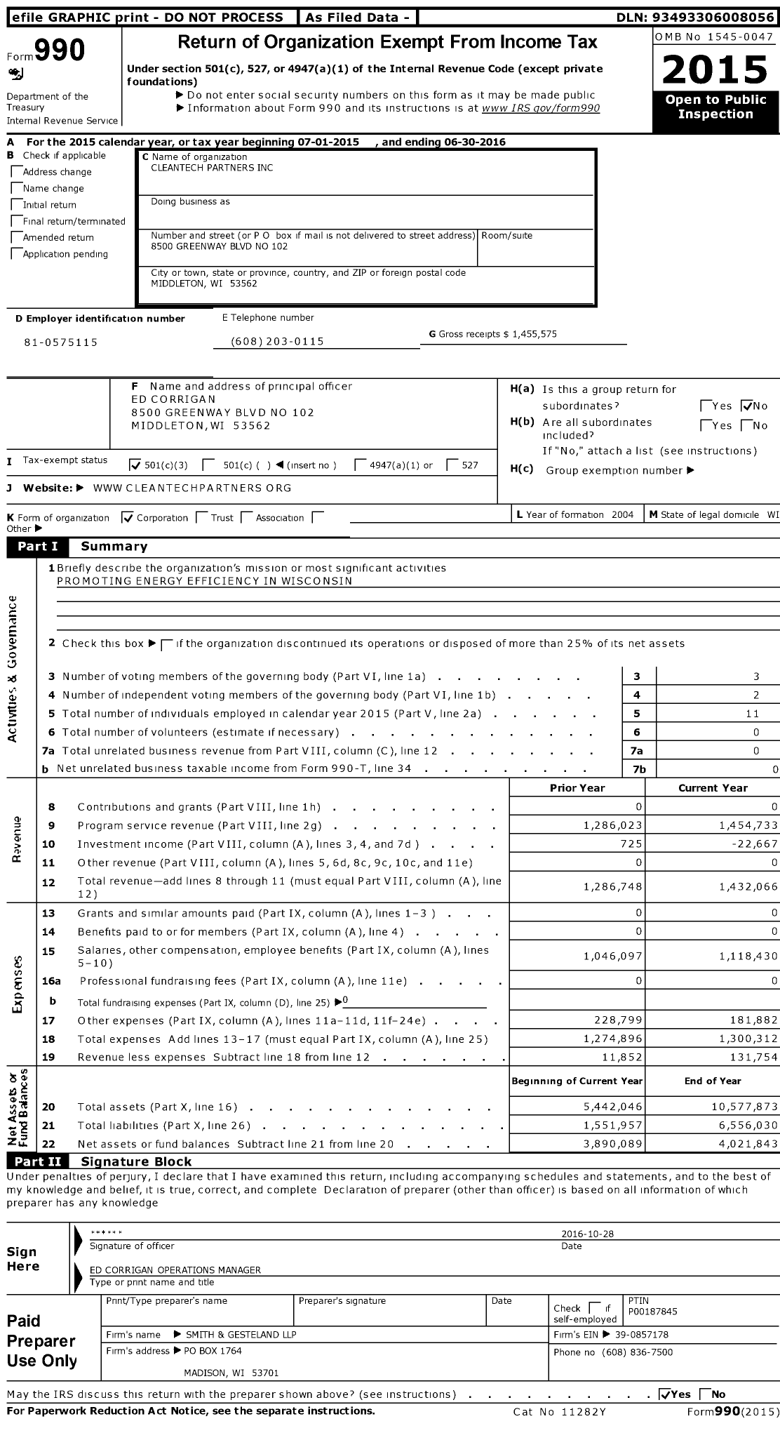 Image of first page of 2015 Form 990 for Cleantech Partners