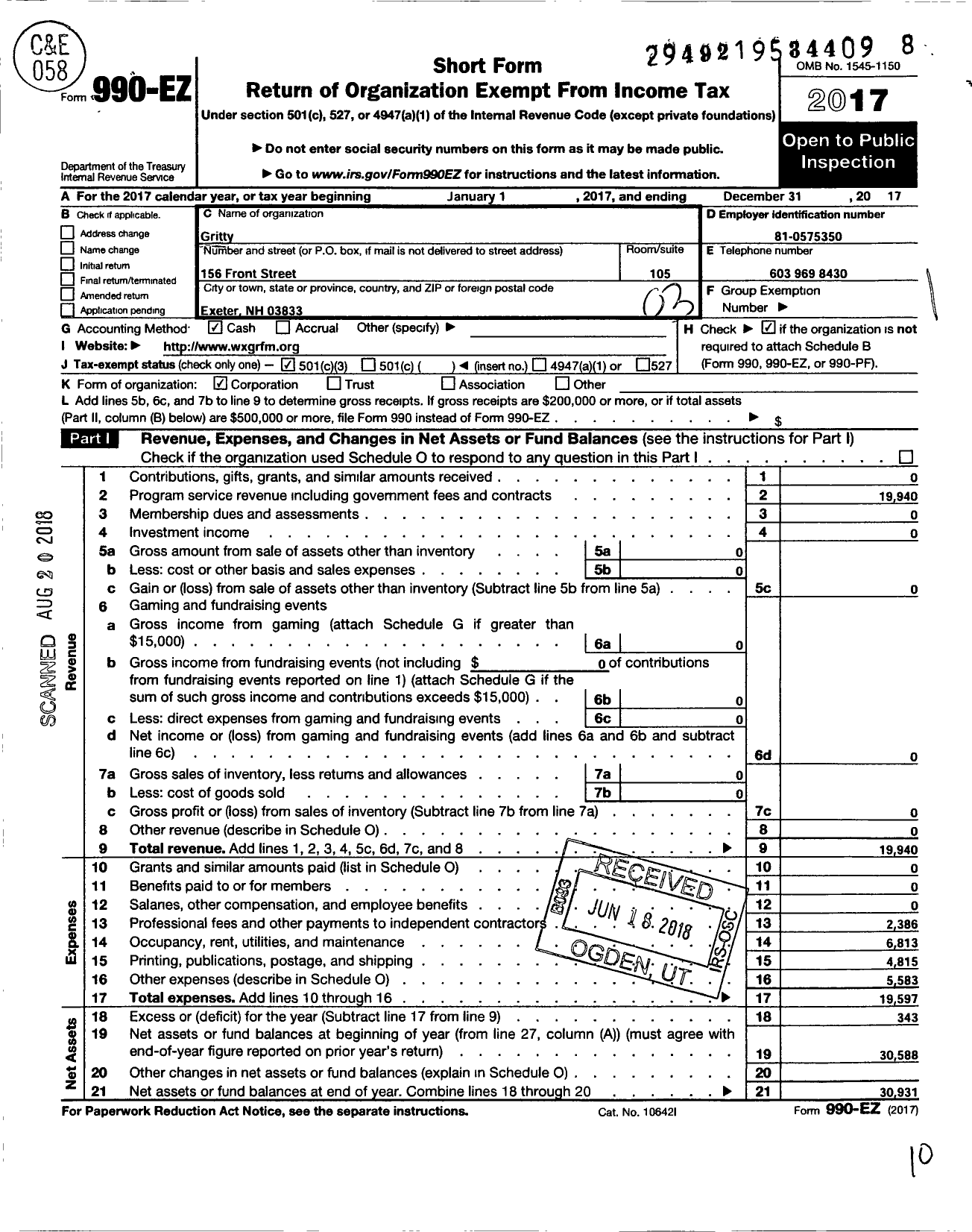 Image of first page of 2017 Form 990EZ for Gritty