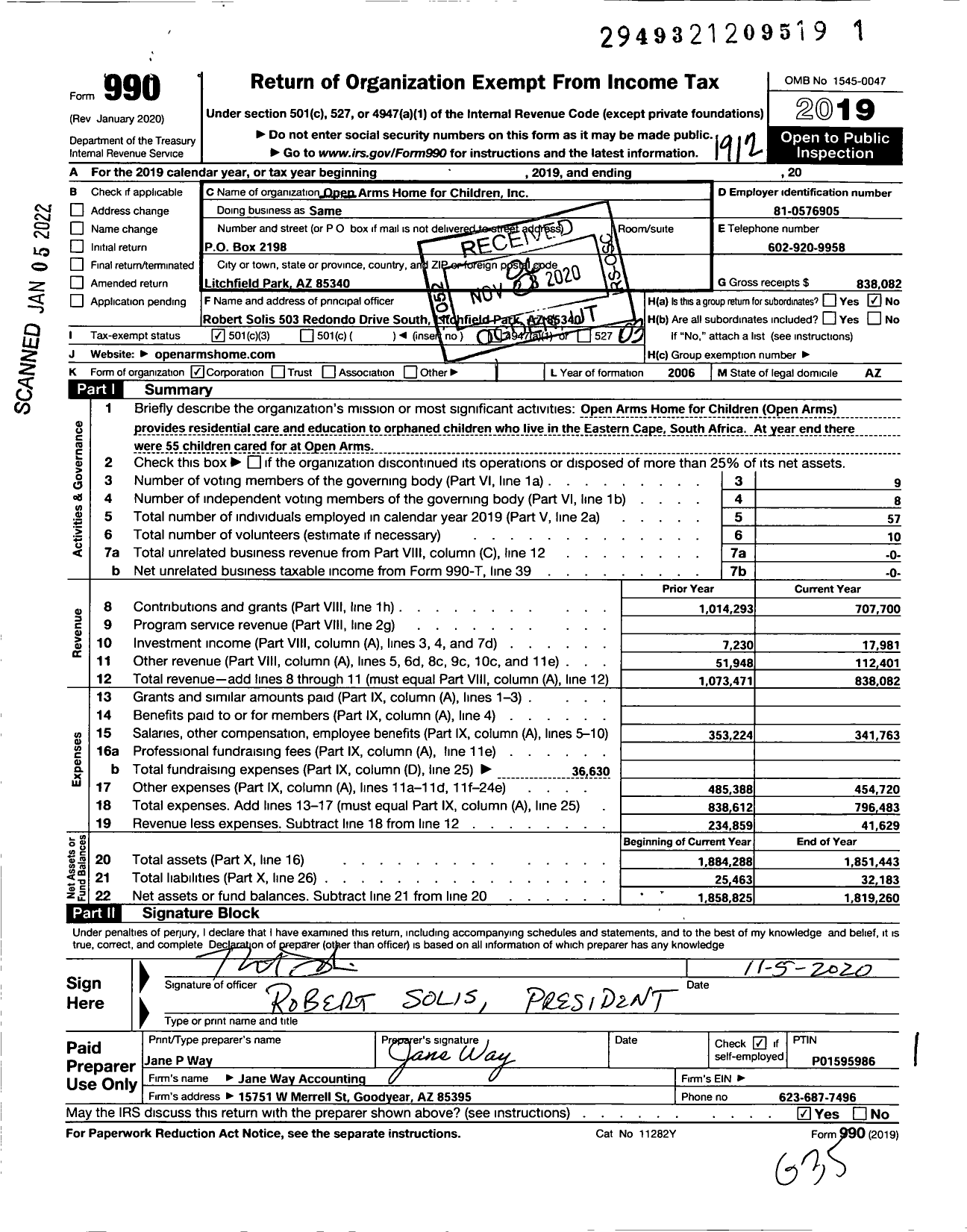 Image of first page of 2019 Form 990 for Open Arms Home for Children